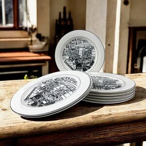 Mikasa Última+ Parisian Scenes Le Conti Cafe Bar Dinner Plates Black White -8 Pc